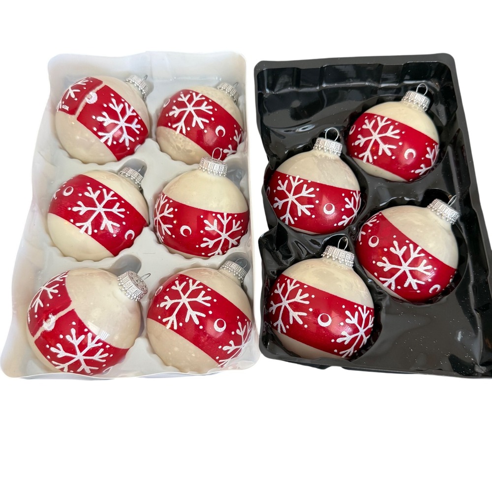 Christmas by Krebs Glass Ornaments Red White Snowflake 10pc Set USA Made Vintage